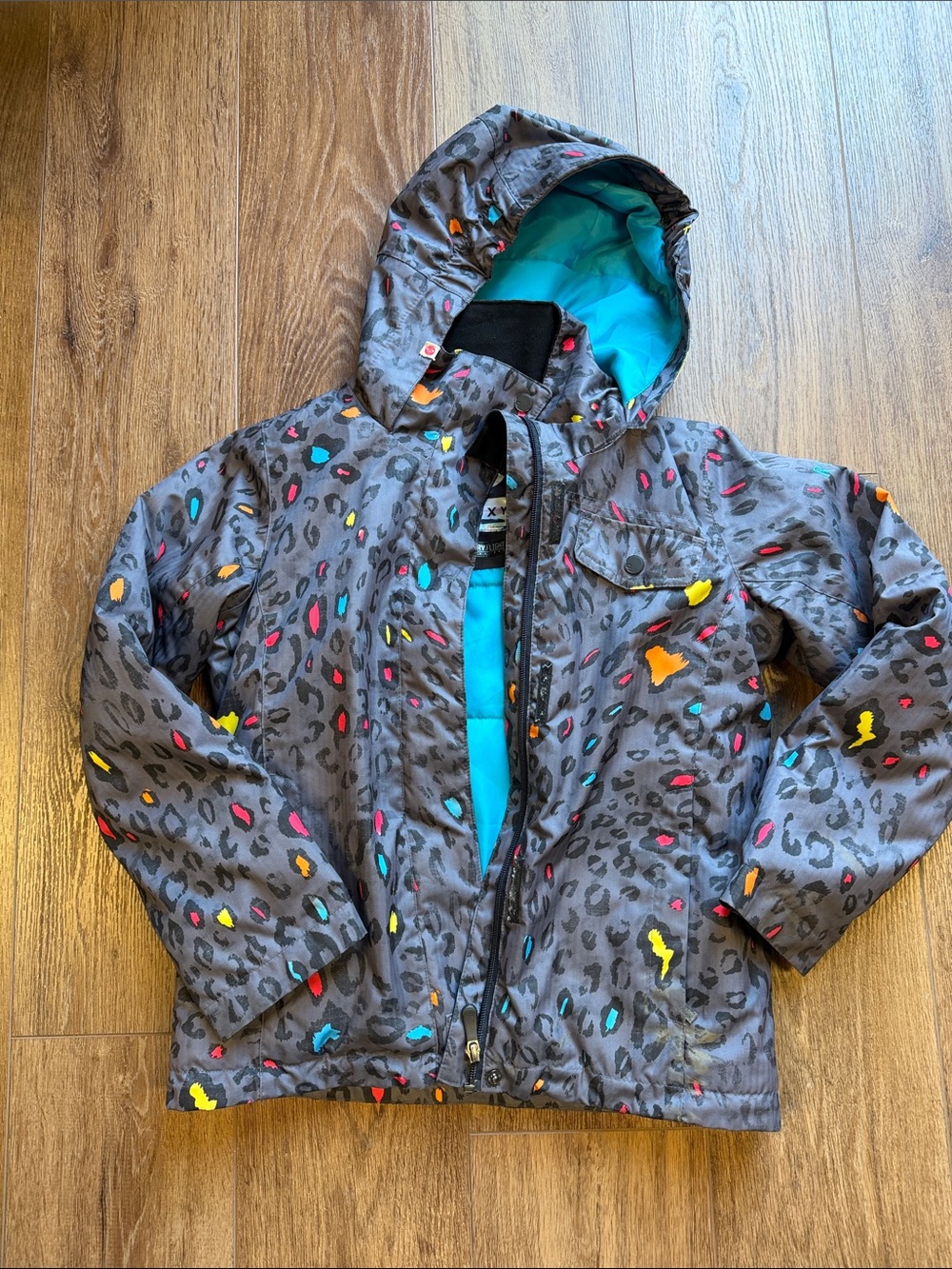 Kids' Gray Leopard Print Hooded Jacket with Colorful Spots